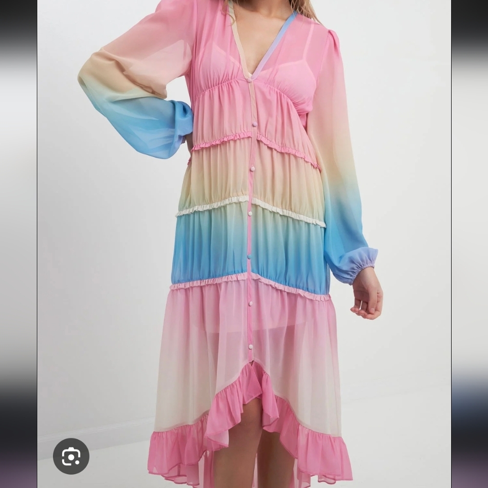 Free The Roses Tye Dye Rainbow Ruffled Hi Low Dress  Medium V Neck Button Front
